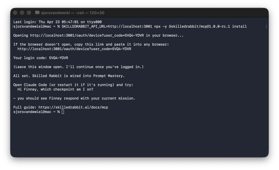 Terminal showing the install command running with a login code