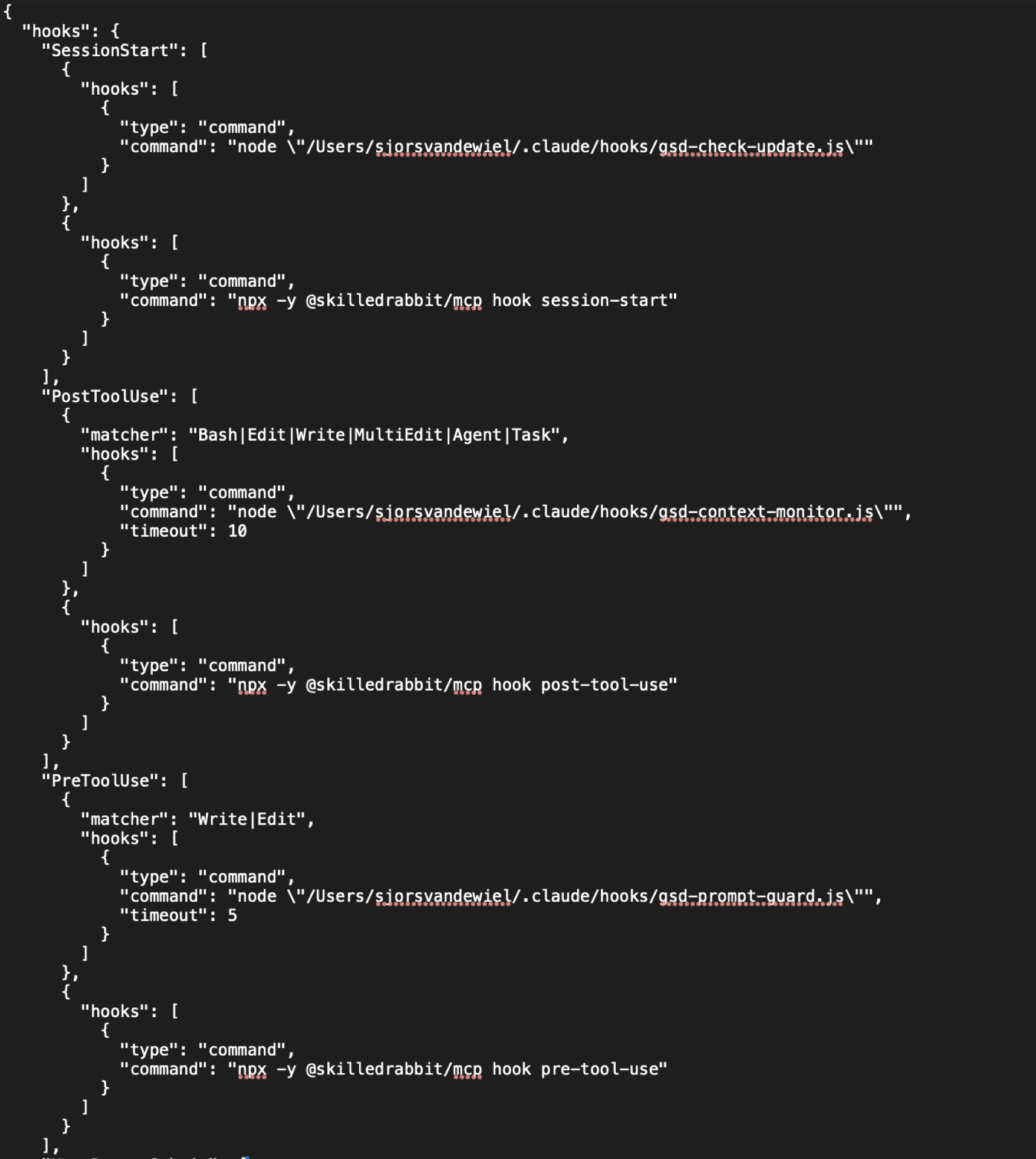 ~/.claude/settings.json after install, showing the five hook entries